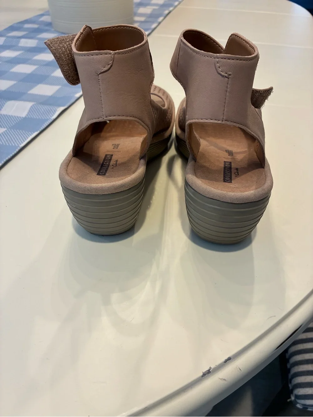 Clarks Taupe Perforated Ankle-Strap Wedge Sandal